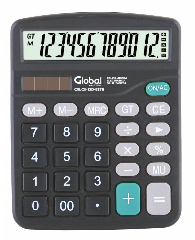 Calculadora De 12 Dgitos Plstica 837b Negra Con Botones Grandes Y Tamao 151x120x50mm (no Incluye 1 Pila Aa) - Global Electronics (caja Interna X 50 Y Caja Co